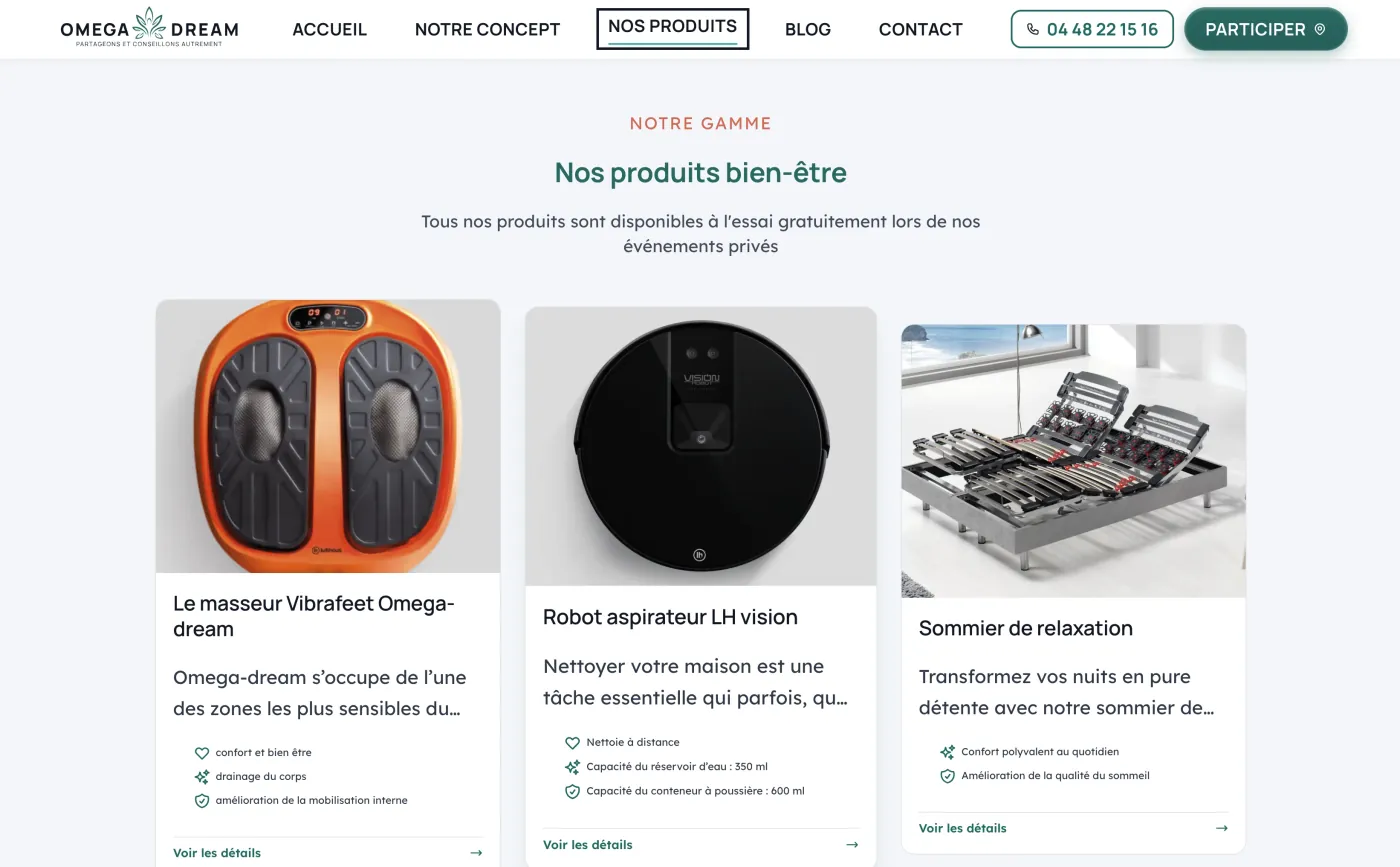Page produits et services Omega Dream