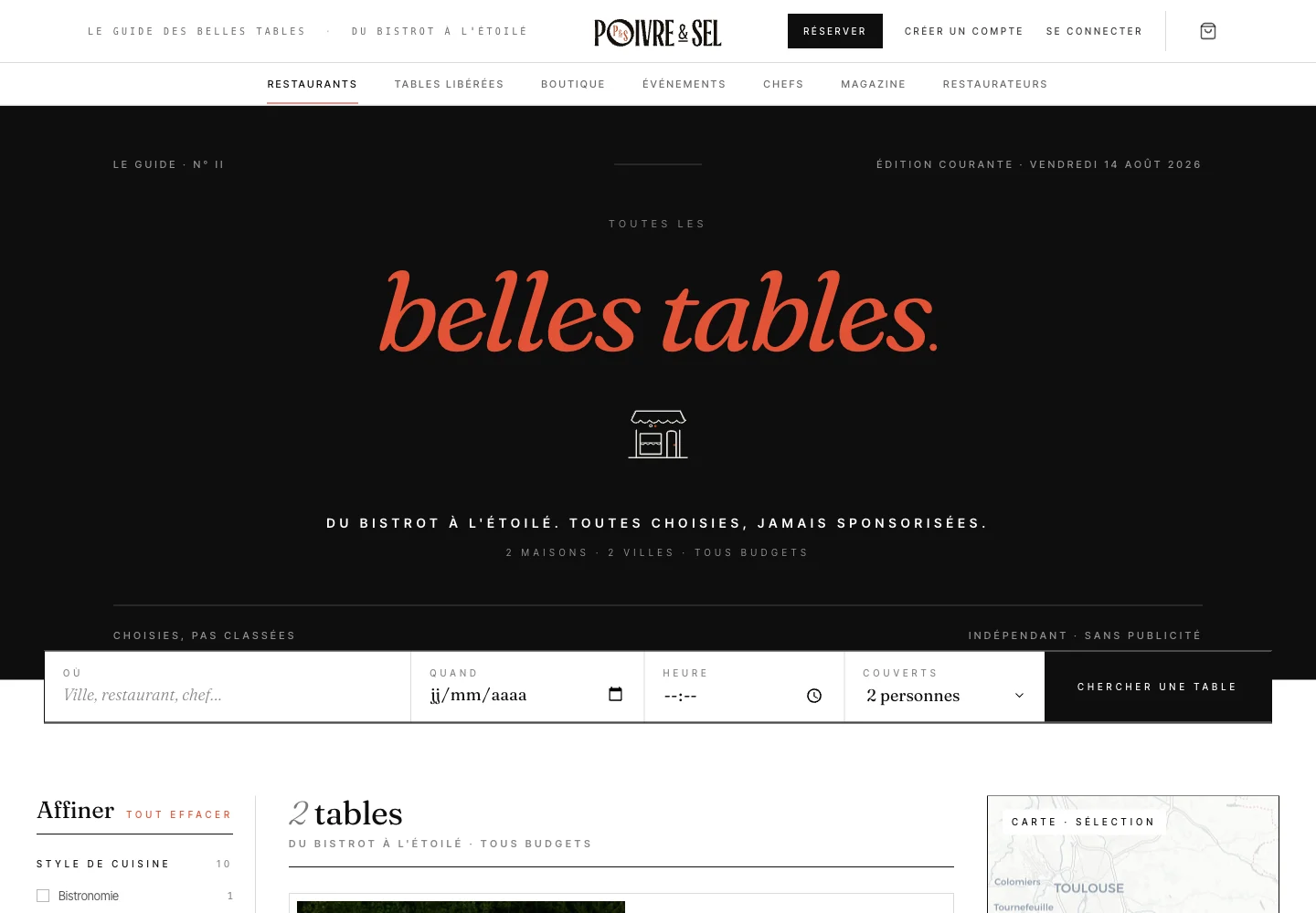 Sélection de restaurants sur la plateforme Poivre & Sel